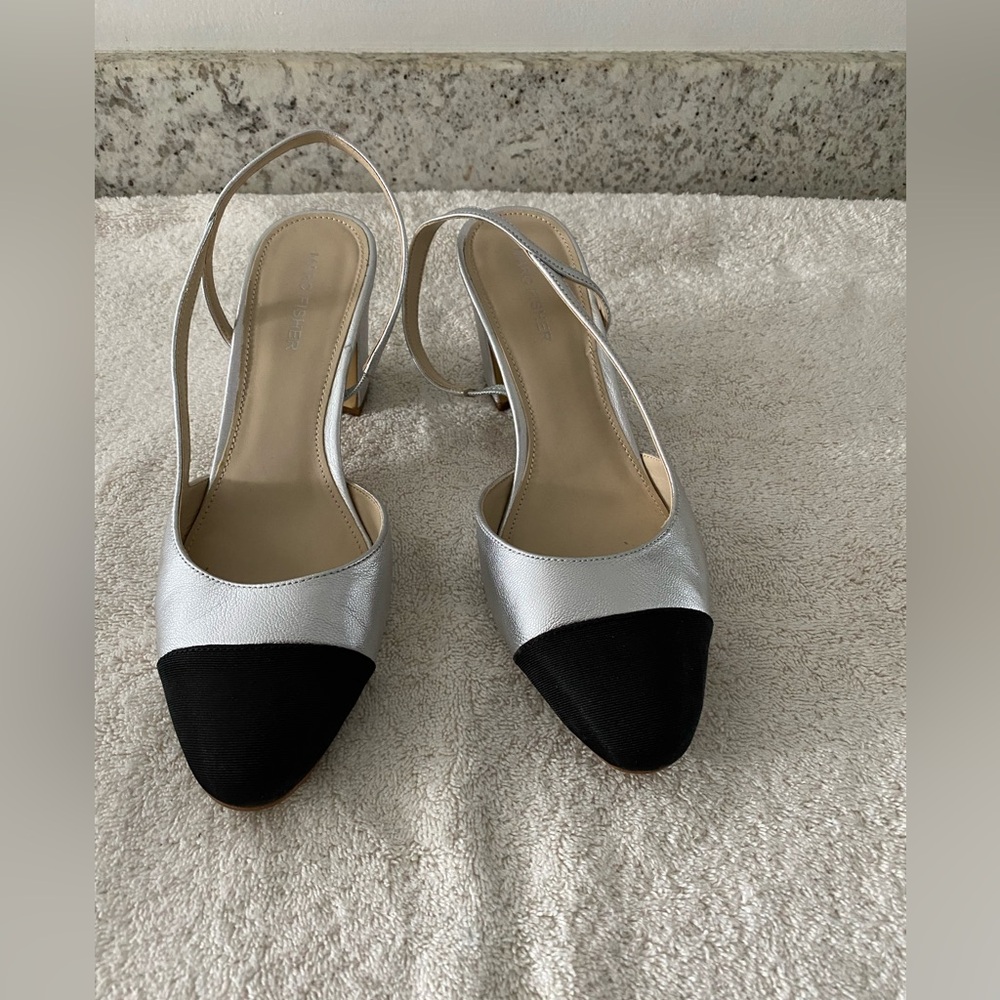 Marc Fisher Silver Slingback Heels with Black Cap Toe